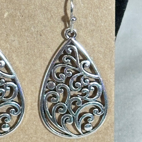 2/$20 Silver Tone Water Droplet Filigree Hook Earrings - Picture 3 of 9